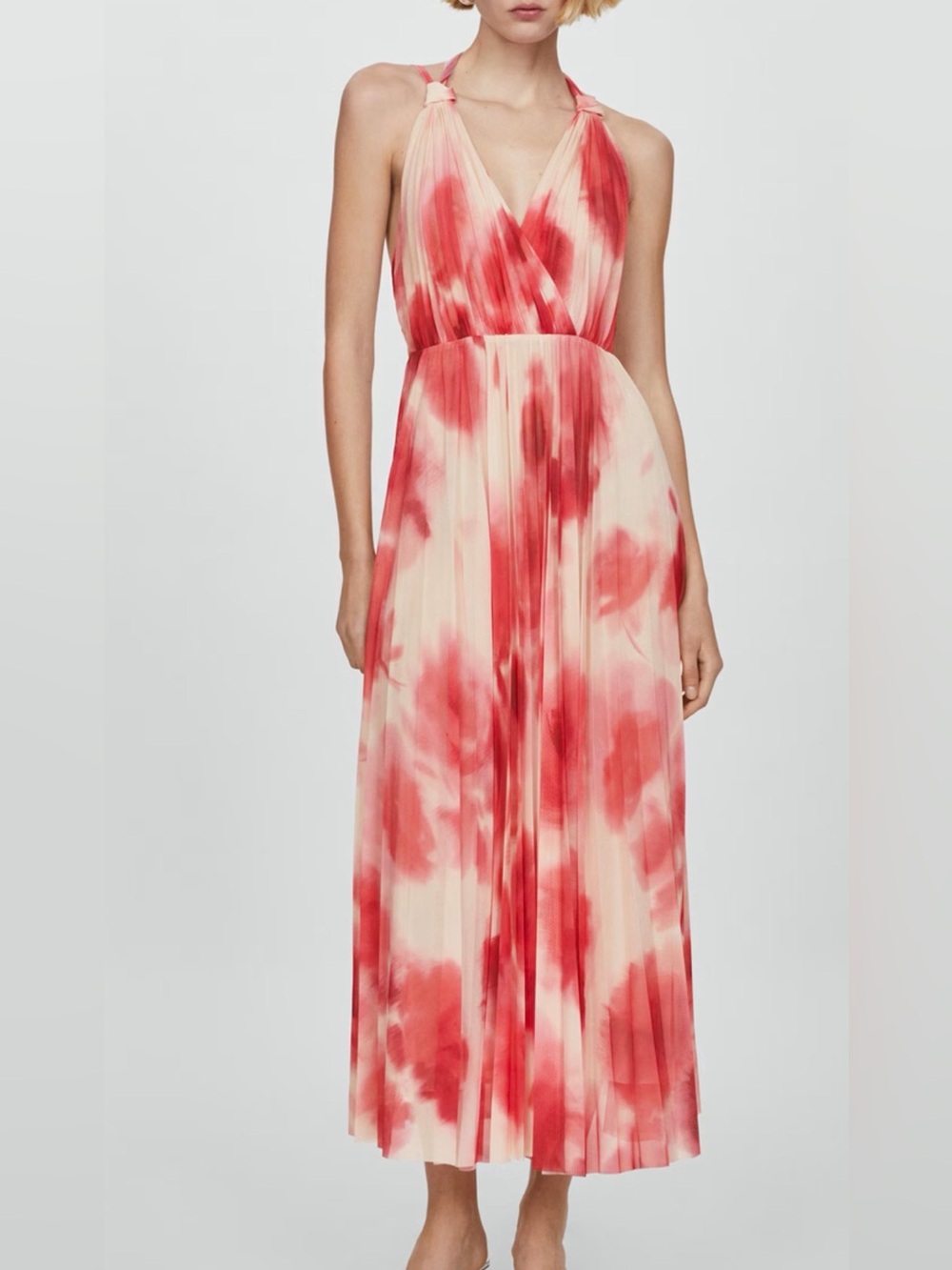 Mango Red and Cream Tie-Dye V-Neck Maxi Dress